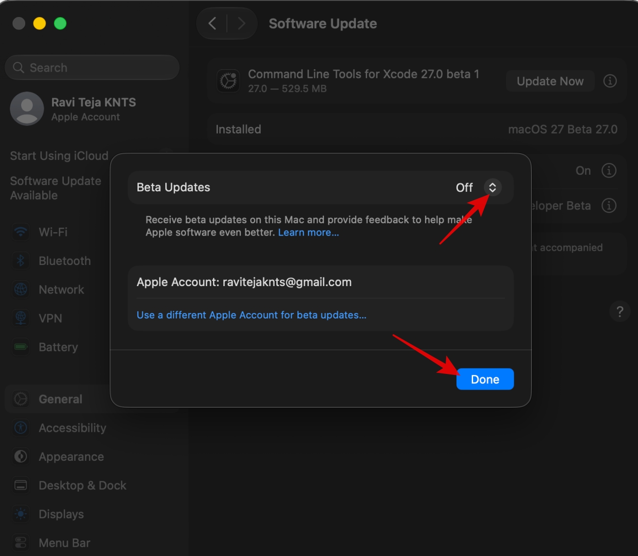 Beta Updates settings showing the option to turn updates off