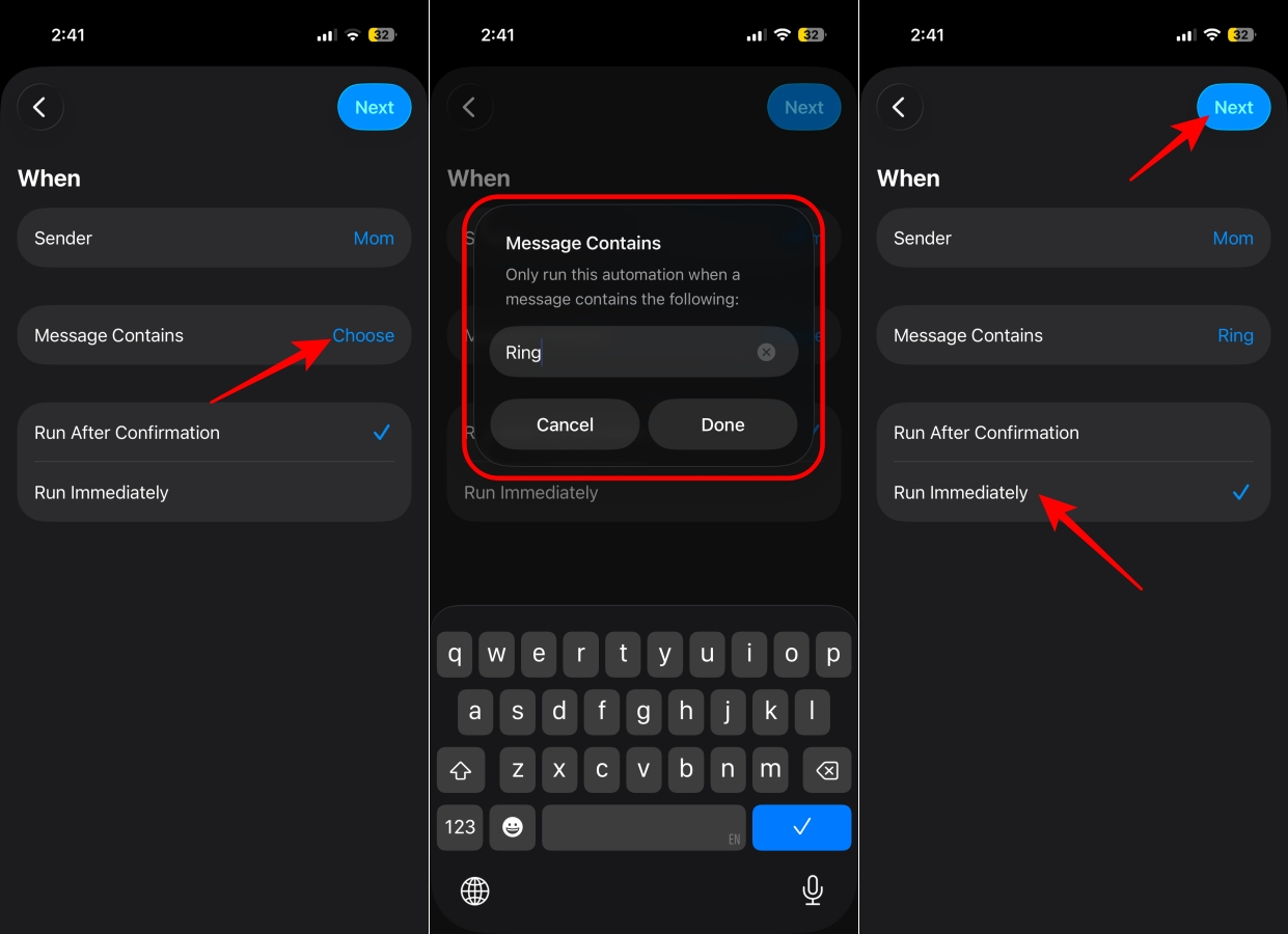 Configuring the message keyword and automation settings