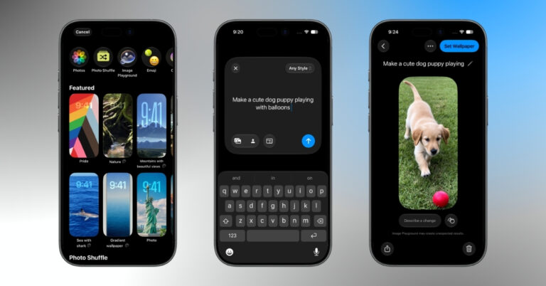 Series of three iPhone screens showing a wallpaper creation flow: gallery selection, text prompt editing, and a dog wallpaper preview.