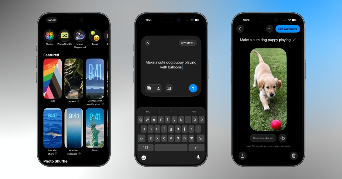 Series of three iPhone screens showing a wallpaper creation flow: gallery selection, text prompt editing, and a dog wallpaper preview.