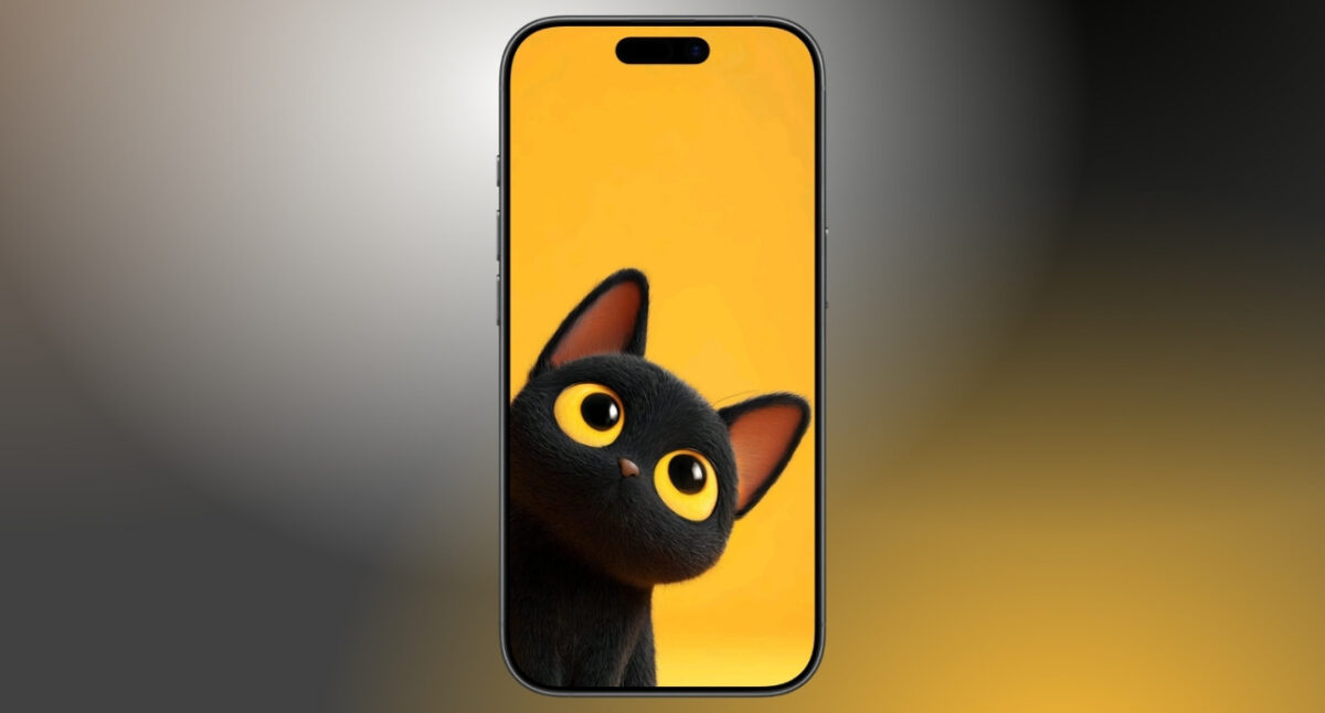 Curious black cat on yellow background