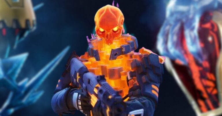 Futuristic armored soldier with a glowing orange skull helmet points a large gun toward the viewer in a fiery, blue-suited armor scene