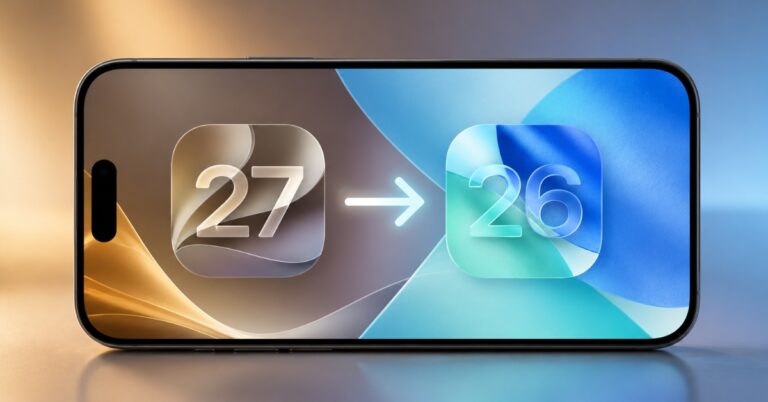 Smartphone screen showing two large app icons labeled 27 and 26 with a rightward arrow between them, suggesting an update/downgrade.