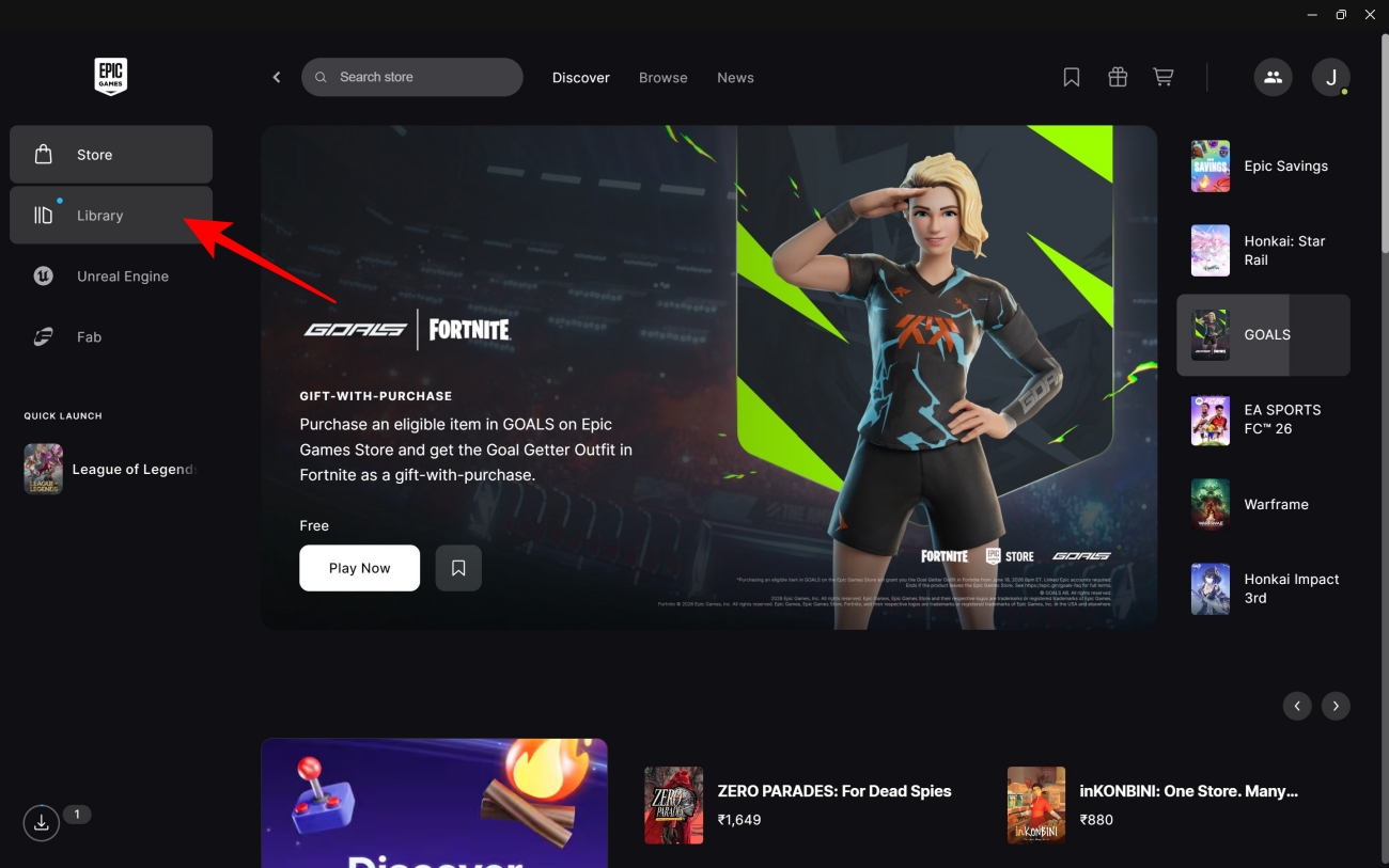 Epic Games Launcher with the Library tab selected