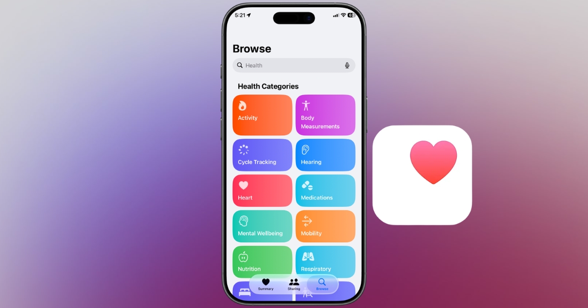 iPhone screen displaying Apple Health Browse page with colorful Health Categories tiles such as Activity, Heart, Nutrition, and Mental Wellbeing.