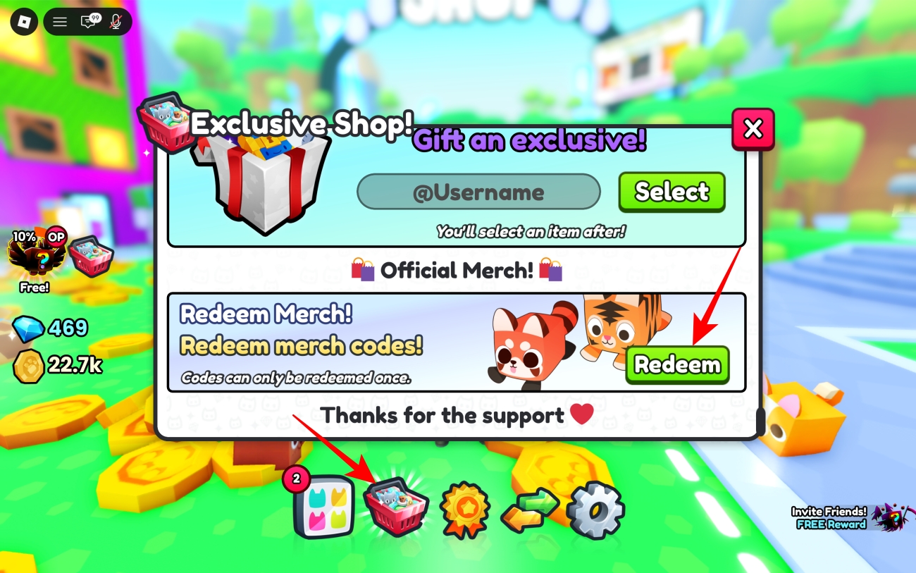 Exclusive Shop menu with the Redeem option selected