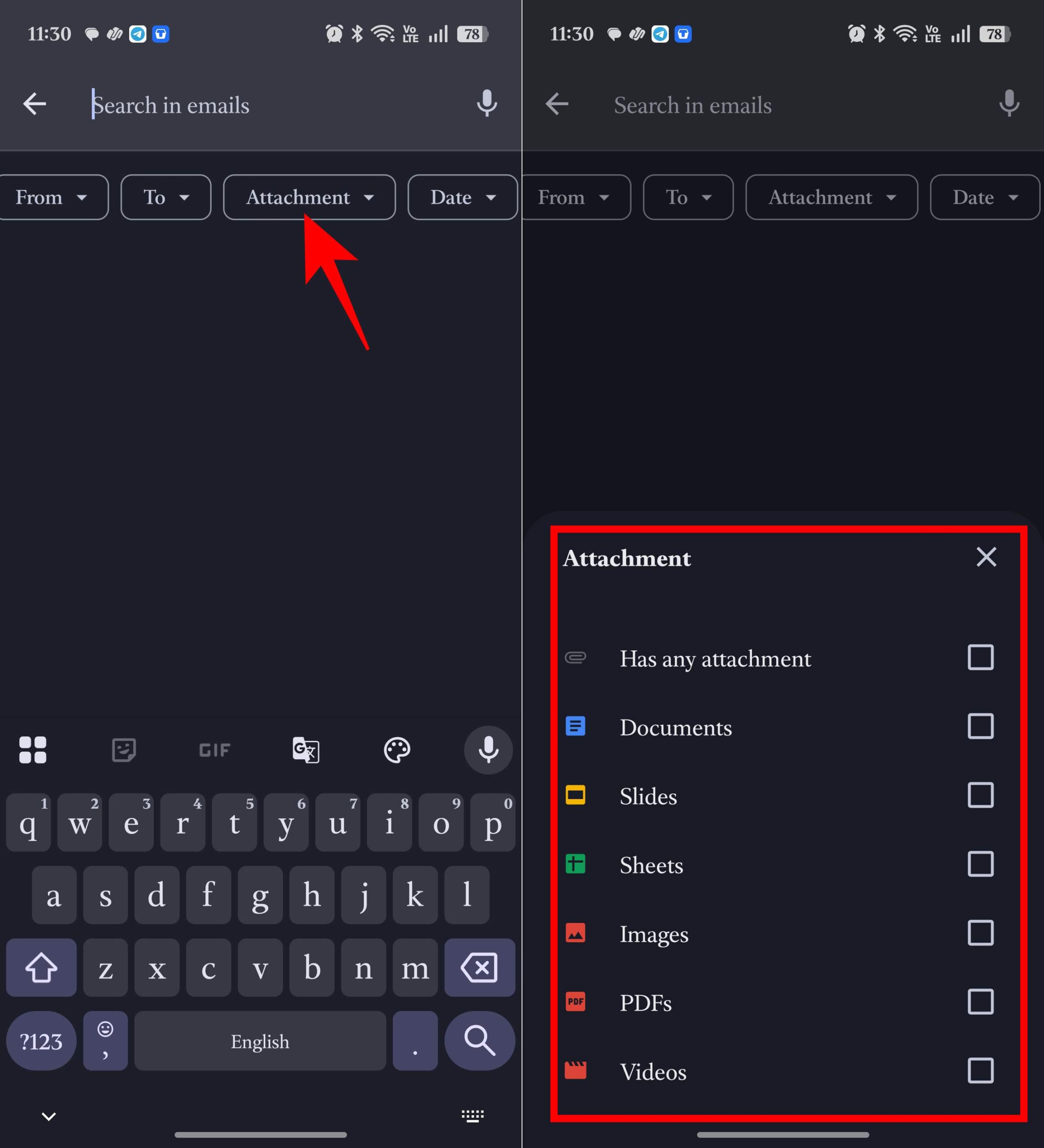 Filtering emails with attachments