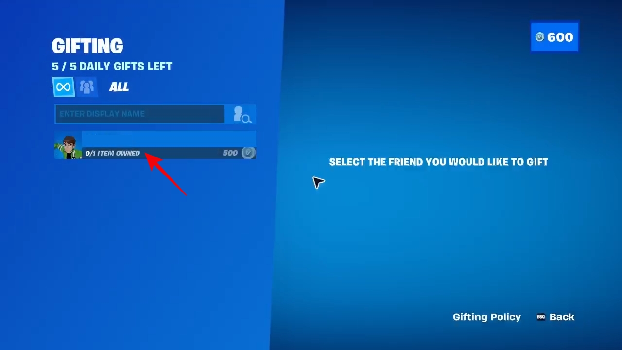 Friend selection screen for gift fortnite