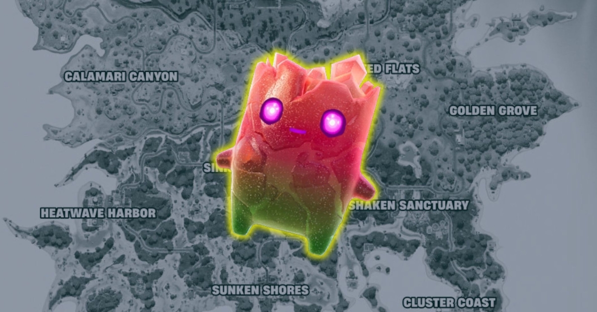 Game map with a glowing pink-green blob (purple-eyed) centered on Shaken Sanctuary, outlined in yellow, surrounded by labeled areas like Calamari Canyon and Sunken Shores.