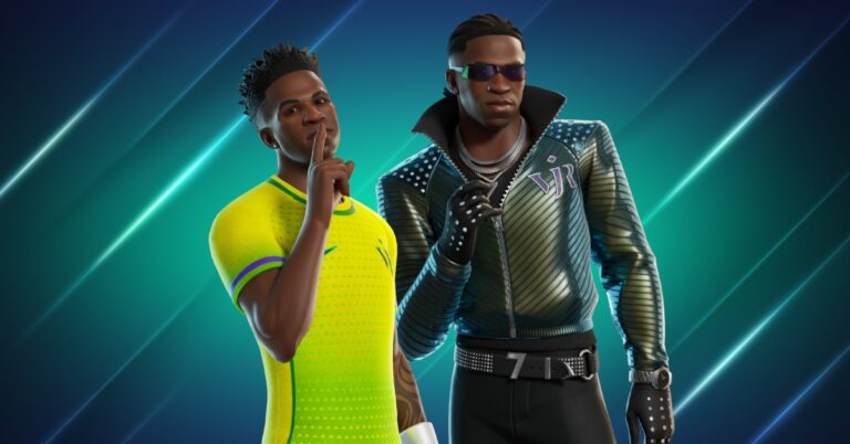 Two digitally rendered men in futuristic outfits posing against a teal neon background; one in bright yellow, the other in a studded metallic jacket with sunglasses.