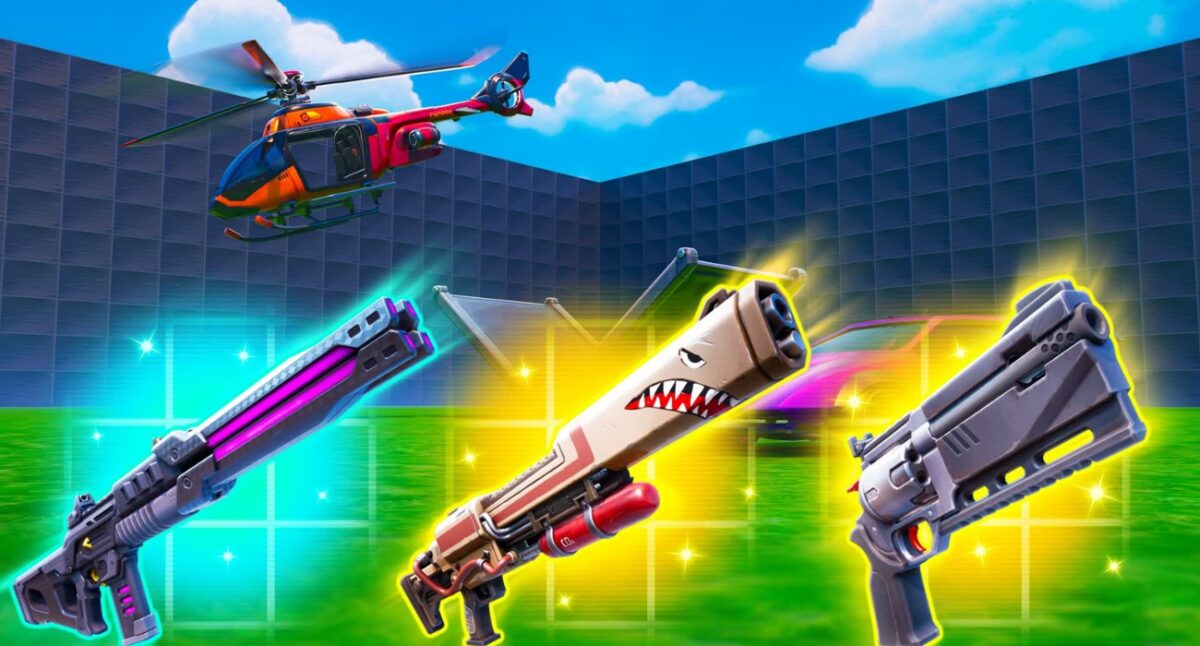 Three futuristic neon-lit guns in a bright arena with a helicopter flying in the sky behind them.