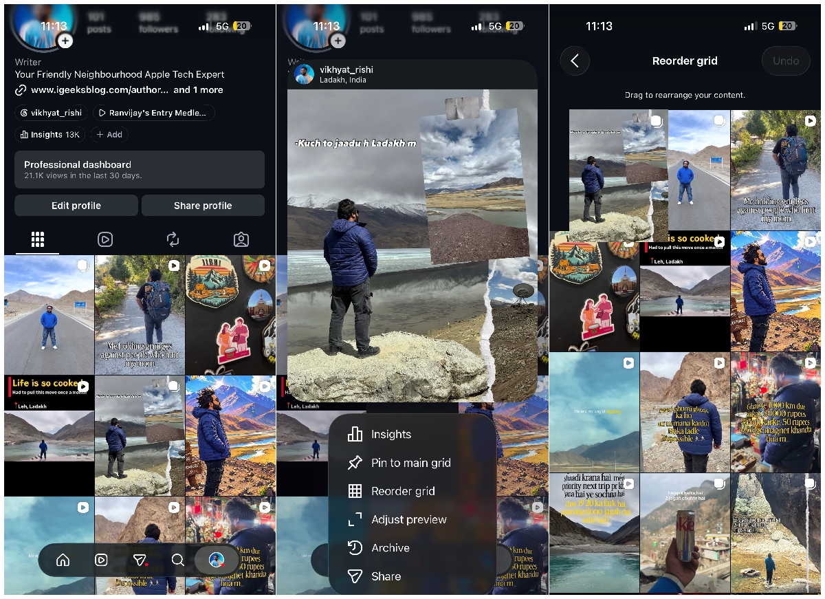 Instagram profile grid editor open, showing multiple photos and the 'Reorder grid' menu.