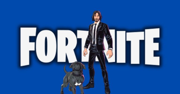 Fortnite logo in white on a blue background with a man in a black suit and a dark dog at his feet.