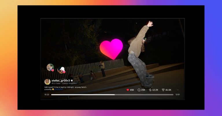 TikTok video still: a skater mid-air at night with a neon pink heart overlay and on-screen video UI nearby.