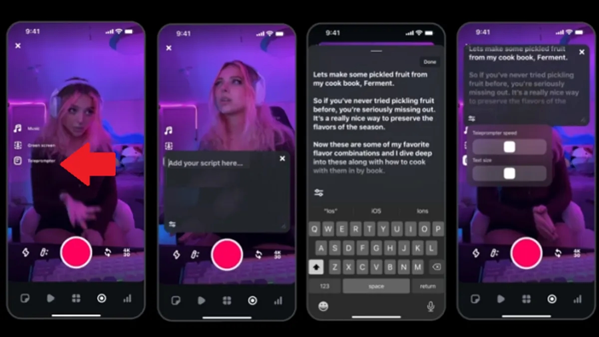 Four smartphone screens show a purple-lit livestream setup with a large red record button; a red arrow points to a side menu option on the first screen.