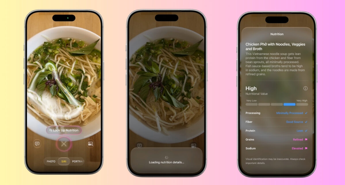 Three iPhones show a bowl of noodle soup with herbs; left screen has a'Look Up Nutrition' button, middle loads nutrition details, right displays a full nutrition panel.