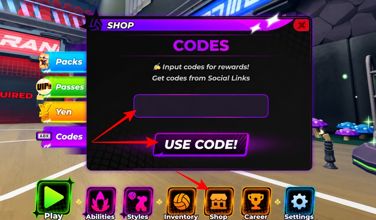 Opening the Codes menu and redeeming a code in the in-game shop