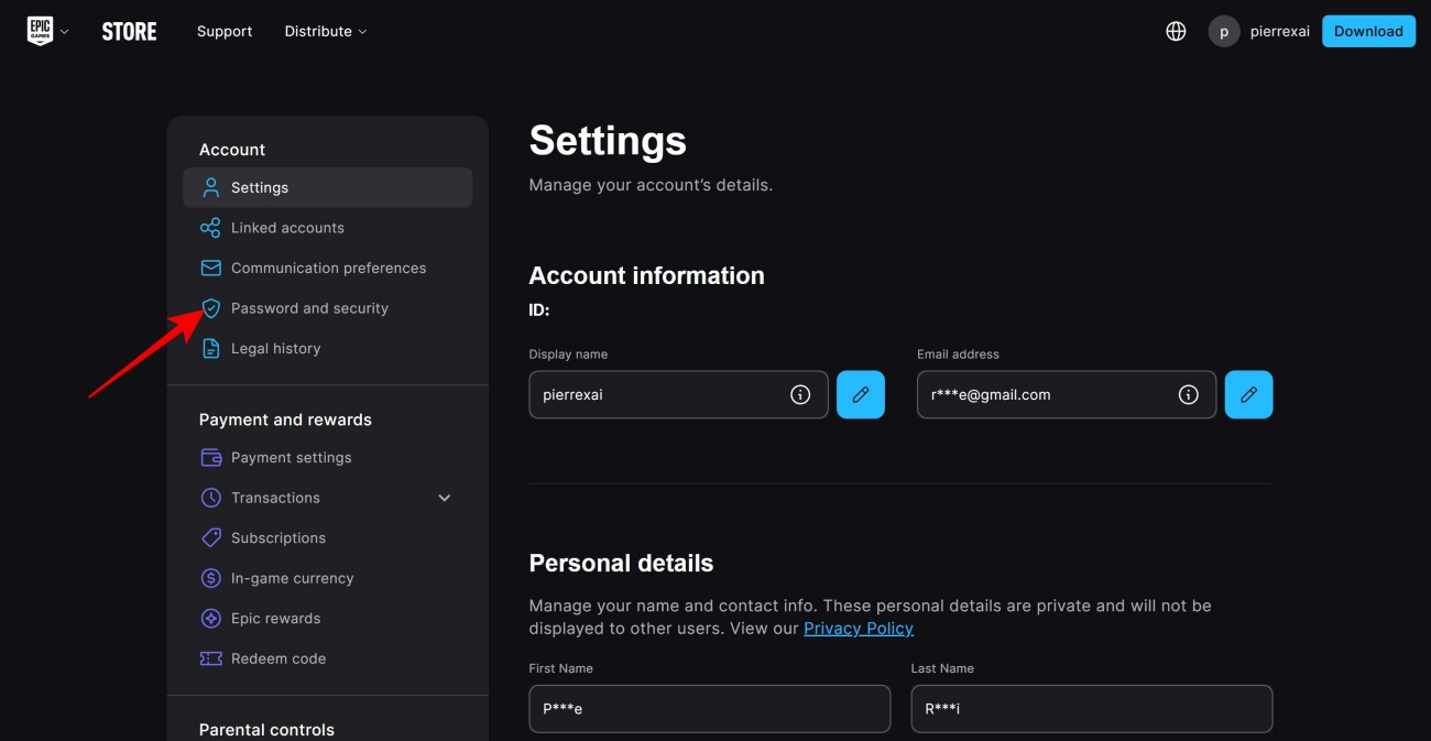 Password and Security settings page