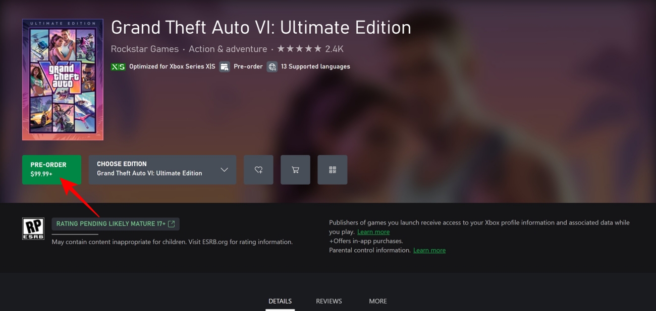 Pre-order button gta 6 Microsoft store xbox