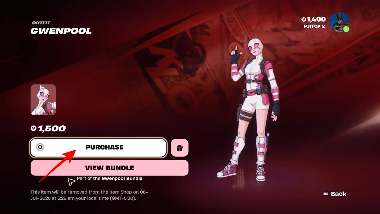 Purchase button gwenpool skin fortnite