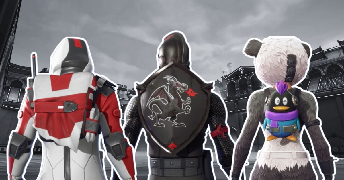 Three armored characters stand with their backs to the viewer in a grayscale stadium, a red‑white knight, a dragon‑shield knight, and a penguin‑themed fighter in colorful gear.