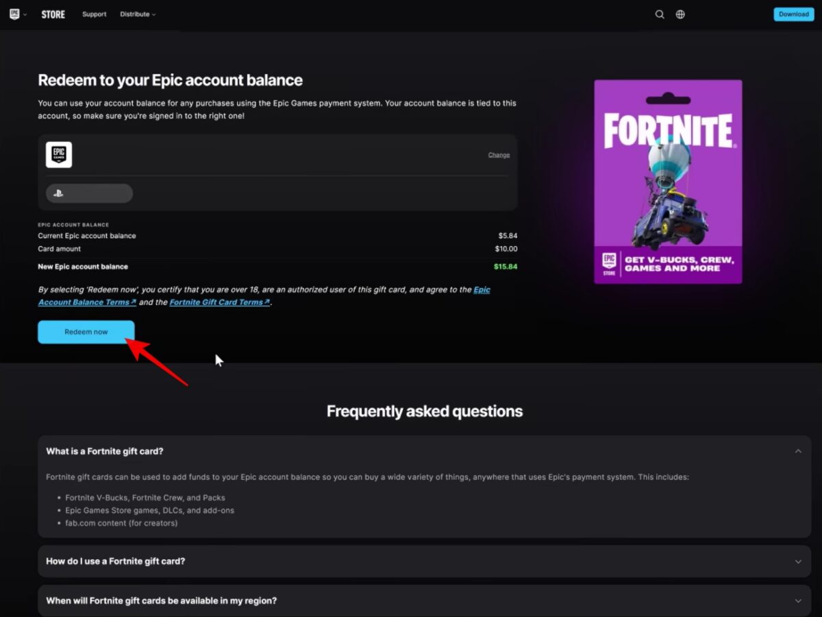 Redeem now page Epic games store