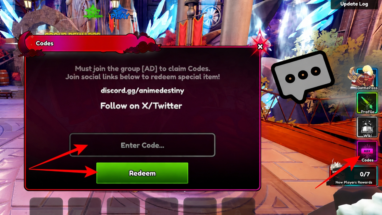 Redeeming a code from the in game Codes menu