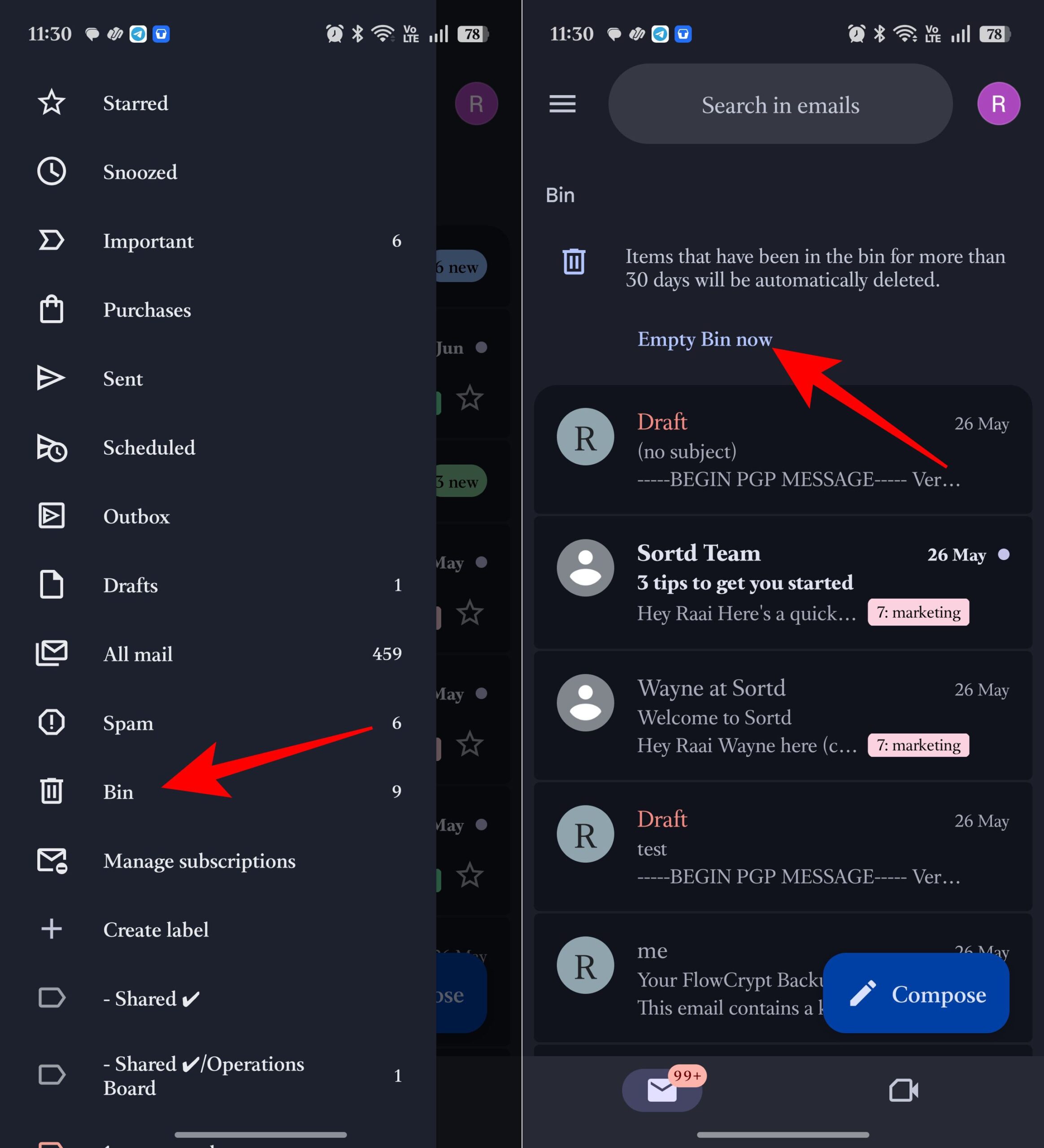 Remove all emails in Bin