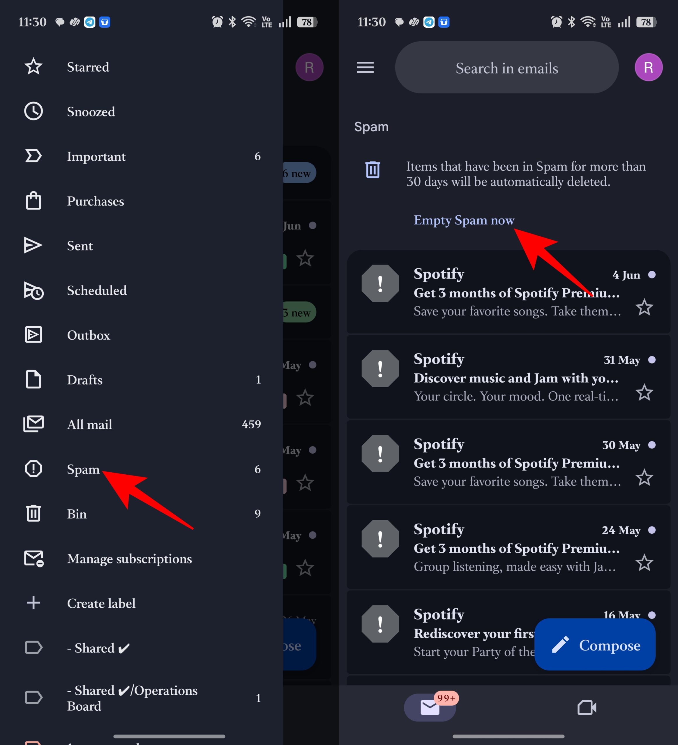 Remove all spam emails