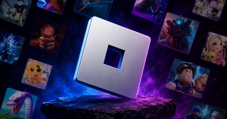 Metallic square emblem with a hollow center hovering above a rocky pedestal, with colorful game thumbnails and a neon space backdrop.