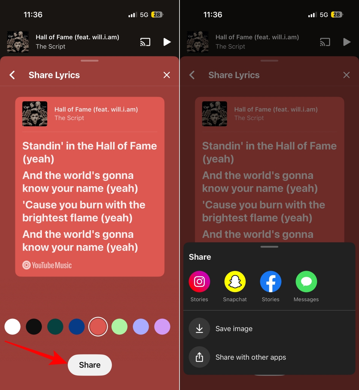 Sharing a YouTube Music lyric card