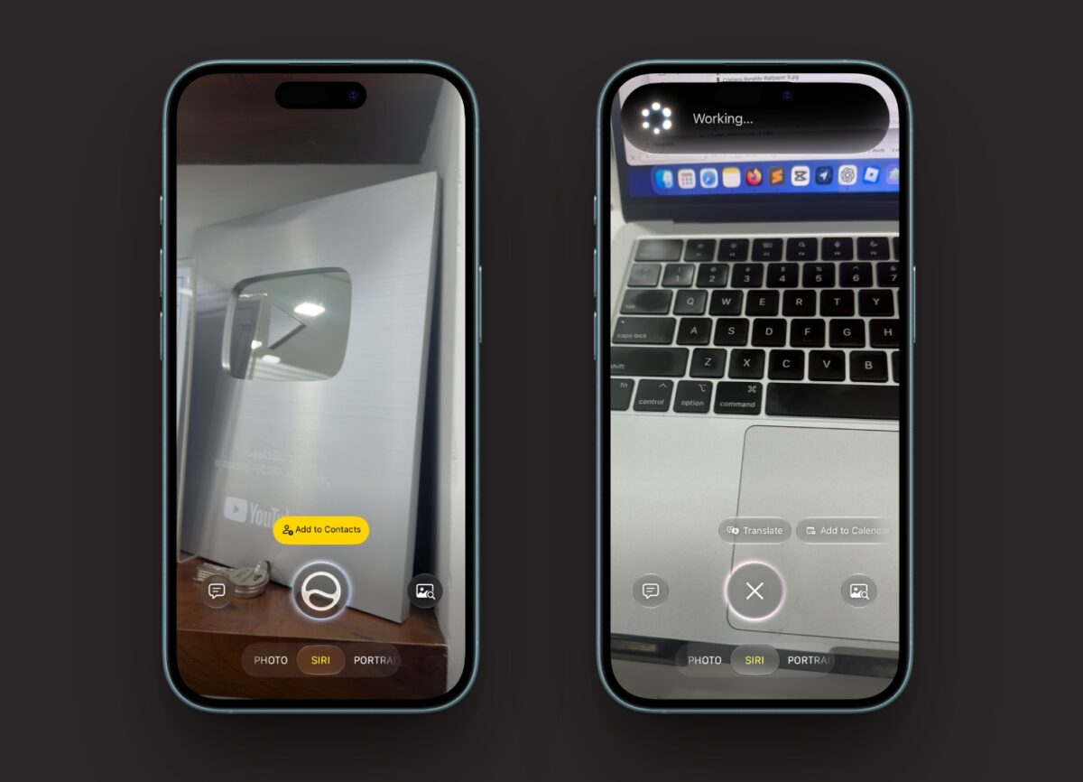 Two iPhone screens side by side showing a camera/app UI in a dark setting; left screen displays a YouTube plaque, right screen shows a MacBook keyboard with a 'Working...' overlay and sunglasses-like controls.