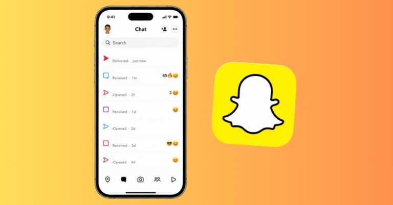 iPhone screen showing Snapchat chat list with delivery status icons beside a yellow Snapchat logo on an orange gradient background.