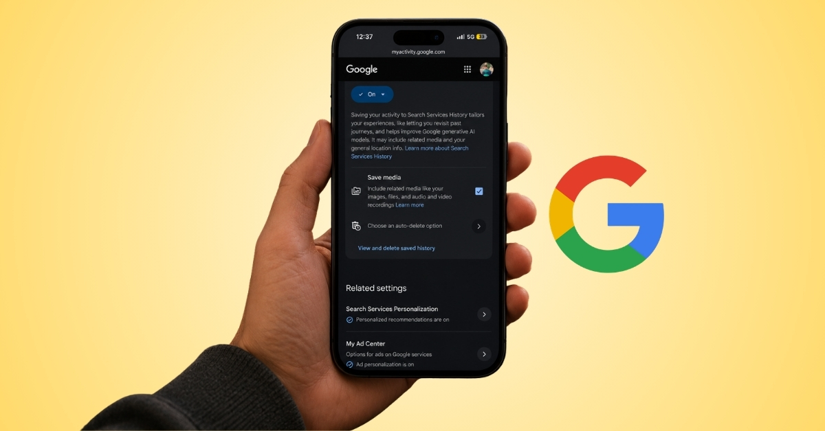 Hand holding a smartphone displaying Google activity controls screen on dark mode against a yellow background with a Google logo nearby.