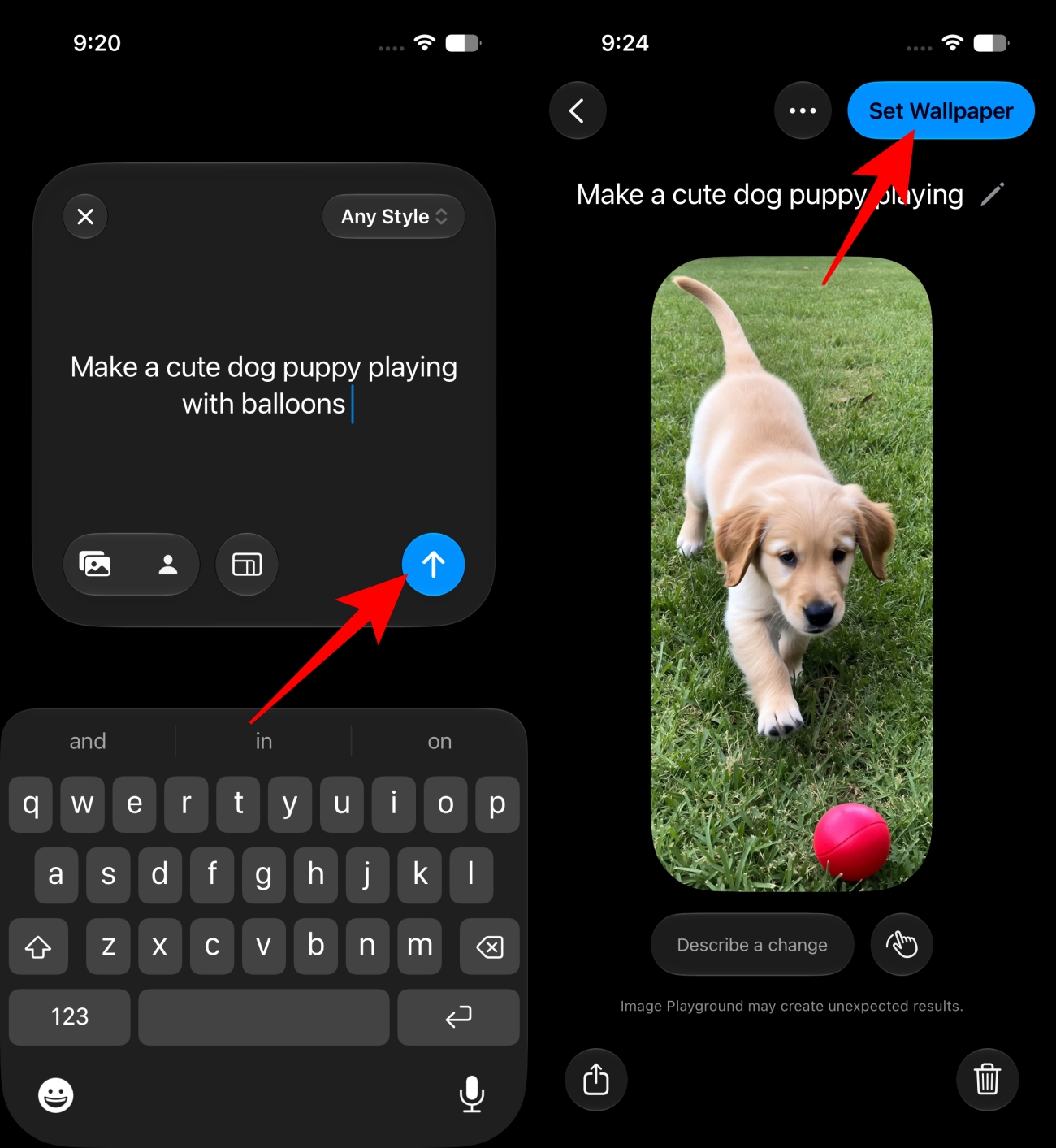 Tap the send button image generation and tap Set Wallpaper
