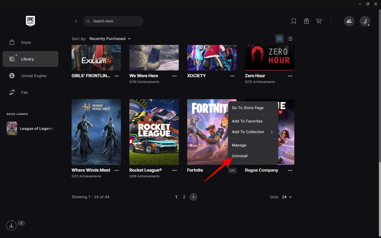 Uninstall fortnite Epic games store