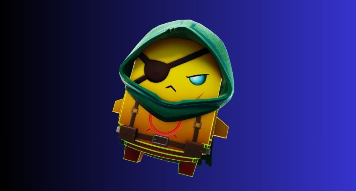 Fortnite sprites: All types, variants, and abilities – iGeeksBlog Cartoon yellow emoji with an eye patch, wearing a green hood and brown backpack, floating against a blue gradient background.