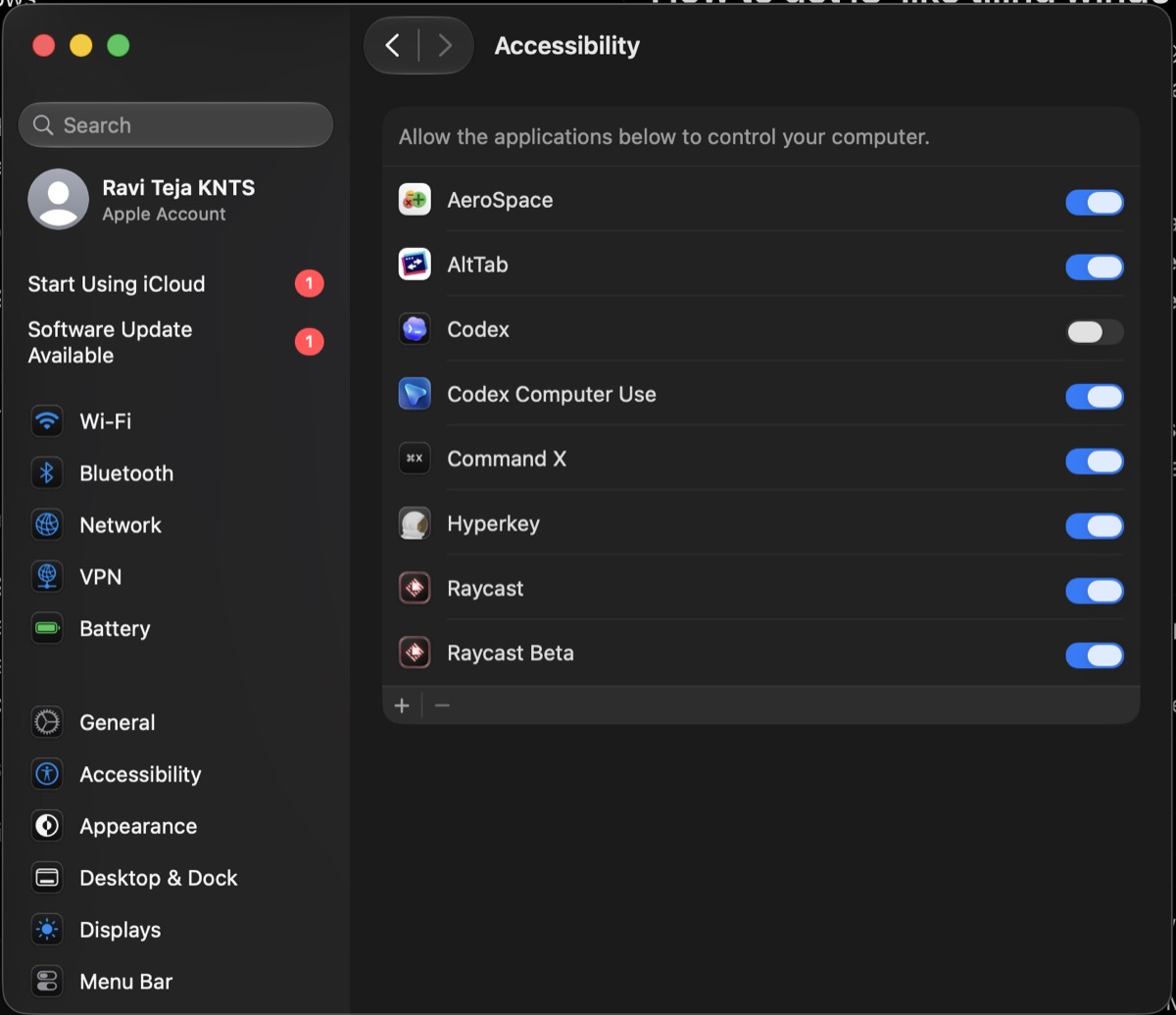 macOS Accessibility settings with AeroSpace enabled