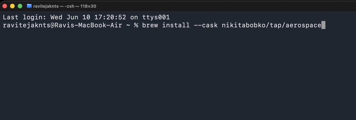 Terminal showing the Homebrew command to install AeroSpace on Mac