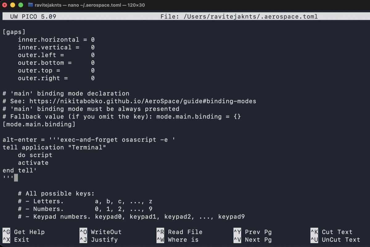 AeroSpace config file showing an Option-Return terminal shortcut binding under mode.main.binding