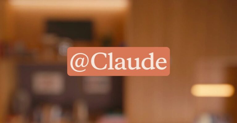 Claude Tag @Claude label over a blurred Slack-style workspace