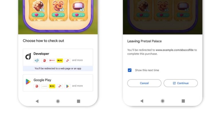 Google Play billing choice and external purchase warning screens in an Android app