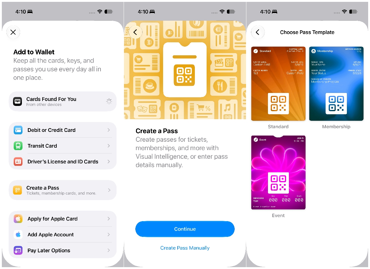 Mobile wallet screen: Add to Wallet options with cards, passes, and Apple Card prompts on the left, Create a Pass in center, and templates on the right.