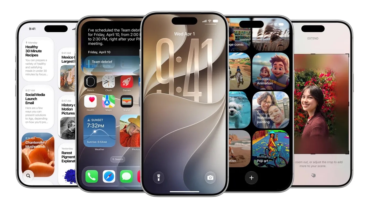 Five iPhones in a row showing diverse iOS home screens with widgets, photos, and apps on each display.