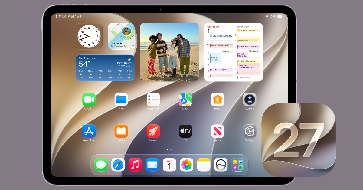 Tablet with iPad-style home screen showing widgets (weather, photos, calendar) and app icons along a bottom dock; a large calendar badge with '27' on the right.