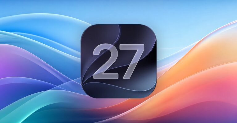 iOS 27 icon on a Mac-style abstract wallpaper background