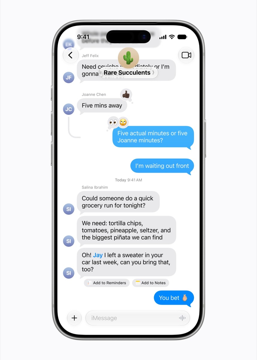 Messages showing Apple Intelligence action suggestions for Reminders and Notes