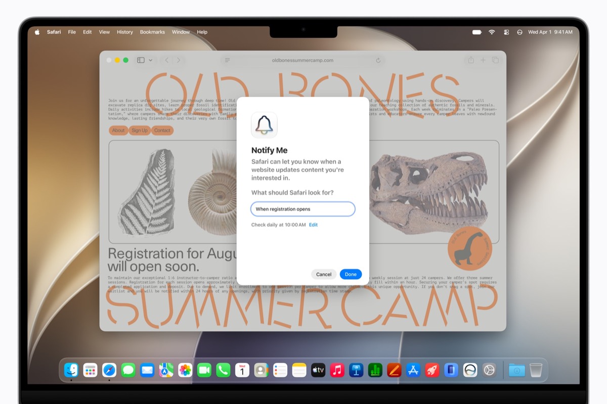 Safari Notify Me dialog for tracking a webpage update