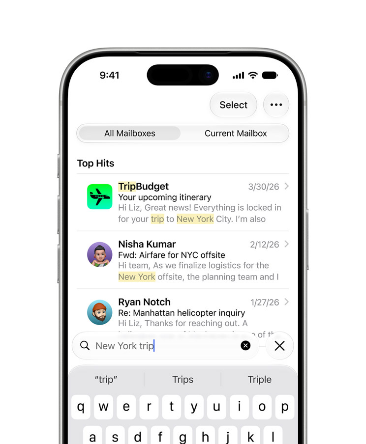 iPhone showing Mail search results for a New York trip