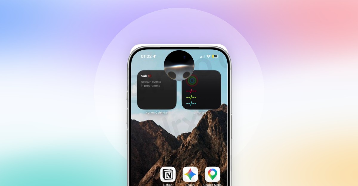 Close-up of a smartphone screen showing home widgets over a rocky mountain wallpaper with a soft pastel gradient background.